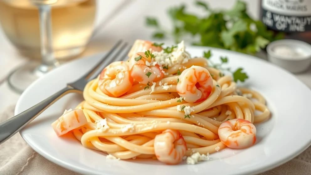 Krämig pasta med räkor och parmesan